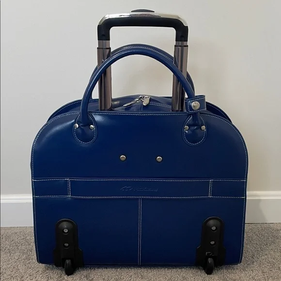 McKlein Edgebrook Navy Leather Rolling Briefcase Laptop Bag Lock Key - Picture 14 of 16